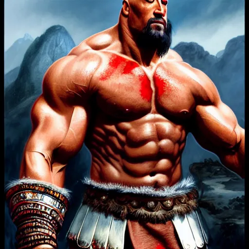 Image similar to portrait painting of dwayne johnson as kratos, ultra realistic, concept art, intricate details, eerie, highly detailed, photorealistic, octane render, 8 k, unreal engine. art by artgerm and greg rutkowski and charlie bowater and magali villeneuve and alphonse mucha