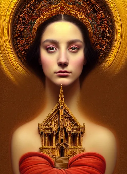 Image similar to portrait of a beautiful young goddess' face merging with a cathedral building, unusual beauty, etheric, outworldly colours, emotionally evoking symbolic metaphors, head in focus, fantasy, ornamental, intricate, elegant, highly detailed painting atyle photo, artstation, concept art, painterly, golden ratio, sharp focus, illustration, art by John William Godward and Zdzisław Beksiński, Antonio Mora,