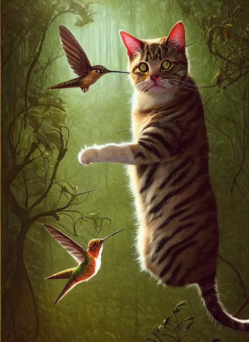 Image similar to a hyper realistic illustrated cat with playing with a hummingbird on its paw in the woods gorgeous lighting, lush forest foliage painting by chiara bautista and beksinski and norman rockwell and greg rutkowski weta studio, and lucasfilm