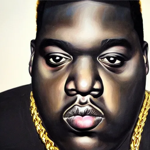 Prompt: a hyper realistic painting of biggie smalls, art by basquiat, intricate, ultra detailed, photorealistic, black and gold colors, dark background trending on artstation