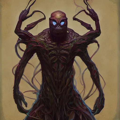 Prompt: Portrait of Handsome Spider Cryptid Model Standing, the humanoid. willian murai Pete Mohrbacher Raymond Swanlandy todd lockwood marc simonetti stephan matiniere Lamin Martin.