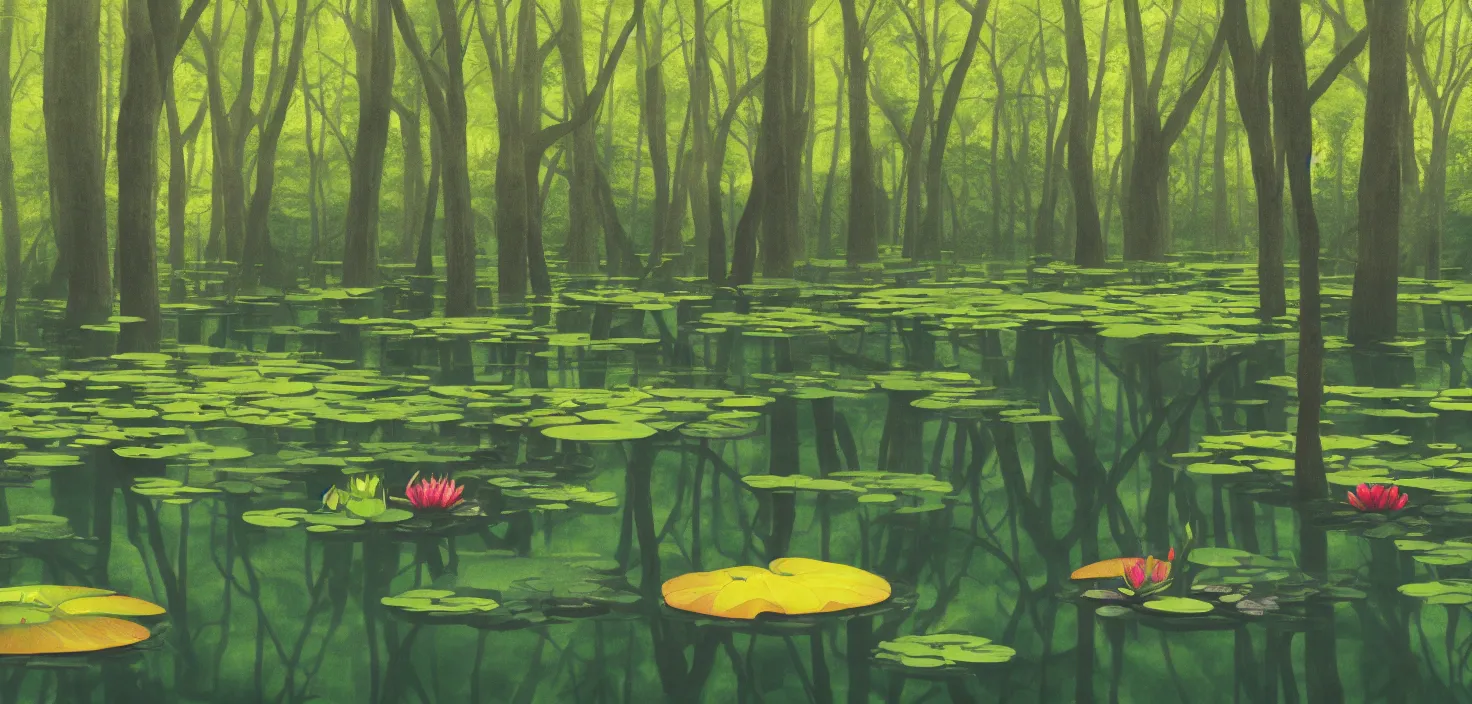 Image similar to a forest atmosphere floating on a large lily pad, photoillustration ink drawing acrylic art digital illustration oil on canvas photorealistic polished sci - fi filmic stock photo landscape polished photorealistic, by moebius and edward hopper, vivid bright light, colorful flat surreal design, hd, 4 k, artstation