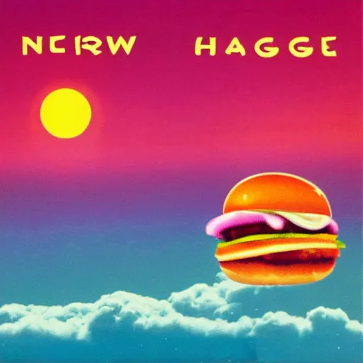 Image similar to 8 0 s new age album cover depicting a fluffy pink cloud in the shape of a hamburger, very peaceful mood