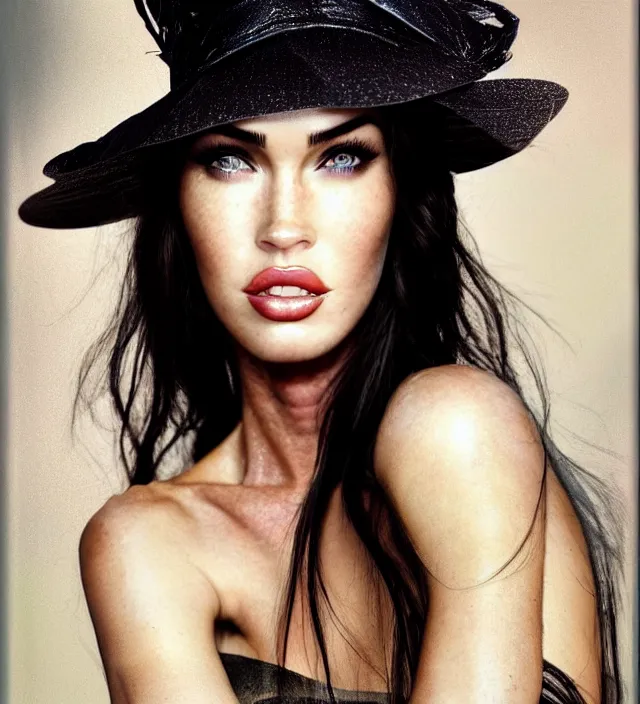 Prompt: photography facial portrait of megan fox, natural background, natural pose, wearing a stunning hat by iris van herpen, with a subtle colorfull - makeup. highly detailed, skin grain detail, photography by paolo roversi, nick knight, helmut newton, avedon, araki