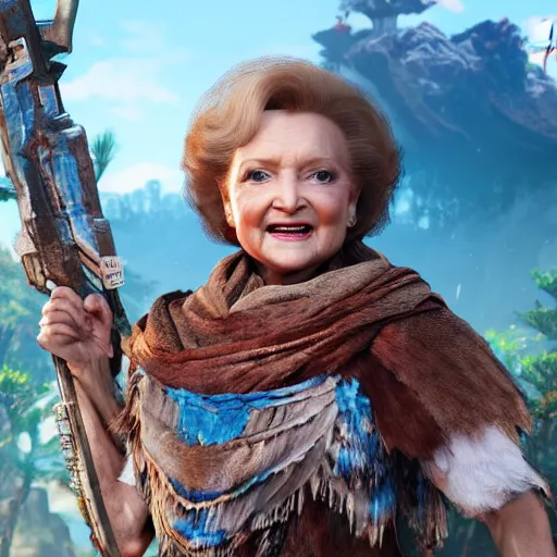 Image similar to film still of Betty White as Aloy in Horizon Zero Dawn