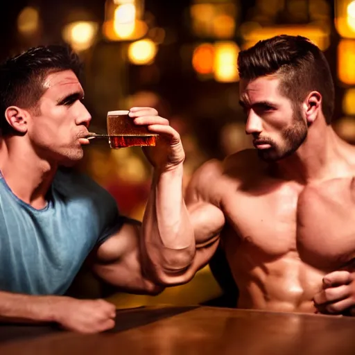 Image similar to cinematic scene with attractive muscular male and another attractive muscular male, drinking their hearts out, in the pub, high definition, very detailed, volumetric lighting, still frame