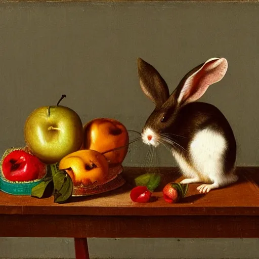 Image similar to a still life painting of various types of fruit and a dead rabbit on top of a wooden table with two mice eating an apple under the table, painting in the style of the dutch school, painting by melchior d'hondecoeter