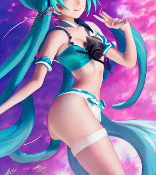 Prompt: anime art of beautiful Hatsune miku with beautifel legs by artgerm, rossdraws, magali villeneuve, Gil Elvgren, Alberto Vargas, Earl Moran,, Art Frahm, Enoch Bolles