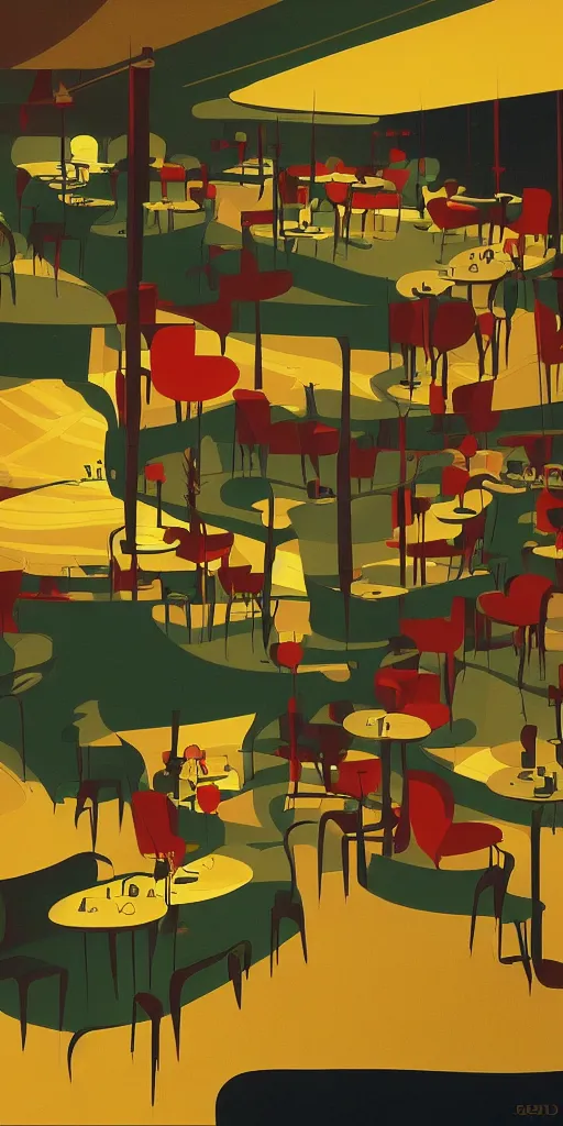 Prompt: cafe interior view, animated film, stylised, illustration, by eyvind earle, scott wills, genndy tartakovski