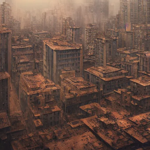 Prompt: realistic Cityscape macro photograph of a dilapidated downtown impacted by climate change by zdzislaw beksinski and Ridley Scott, detailed lighting, high quality, sharp focus, intricate, digital painting, artstation, 4k, 25mm film grain