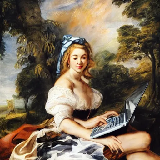 Image similar to heavenly summer sharp land sphere scallop well dressed lady working on her laptop auslese, by peter paul rubens and eugene delacroix and karol bak, hyperrealism, digital illustration, fauvist, looking at her imac laptop