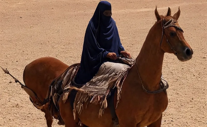 Image similar to beautiful burqa's woman, ride horse in saharan, sharp eyes, handling riffle on chest, shooting pose, perfect posture, dust, cinematic, dynamic pose, pinterest