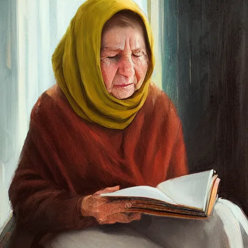 Image similar to a babushka reading a book, portrait, by wlop