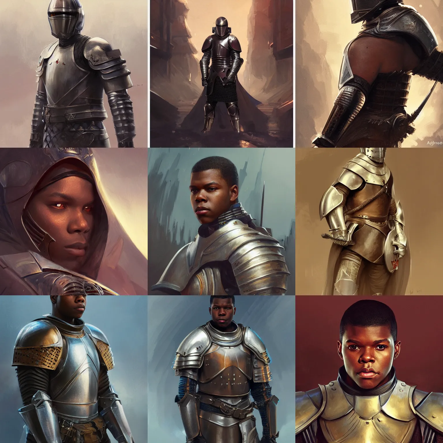 Prompt: knight, john boyega, medieval armor, painted character portrait, highly detailed, digital painting, artstation, concept art, sharp focus, illustration, art by artgerm and greg rutkowski and alphonse mucha