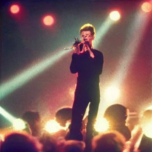 Image similar to “ david bowie performing to a crowd that are floating in an asteroid belt ”