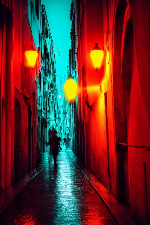 Image similar to neon streets of venice, 4 k, award winning photo, cyberpunk style