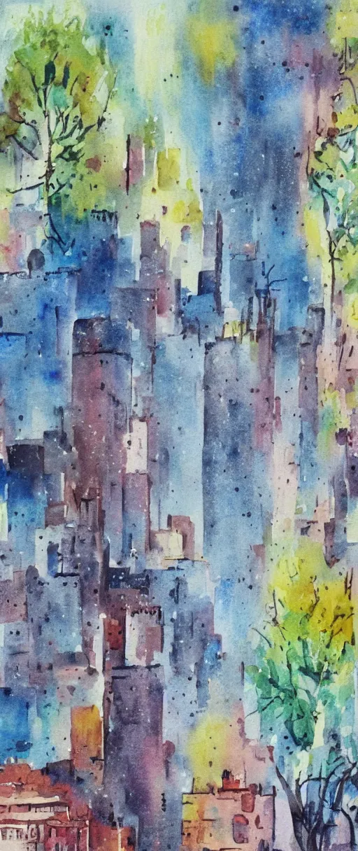 Prompt: city on a a tree, watercolor painting