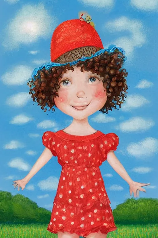 Image similar to a digital matte painting greeting card style of an small cute girl, with curly red hair, freckles, blue frilly dress and hat whimsical, by magali villeneuve