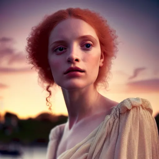 Prompt: photographic portrait of a stunningly beautiful english renaissance female in soft dreamy light at sunset, beside the river, soft focus, contemporary fashion shoot, hasselblad nikon, in a denis villeneuve and tim burton movie, by edward robert hughes, annie leibovitz and steve mccurry, david lazar, jimmy nelsson, extremely detailed, breathtaking, hyperrealistic