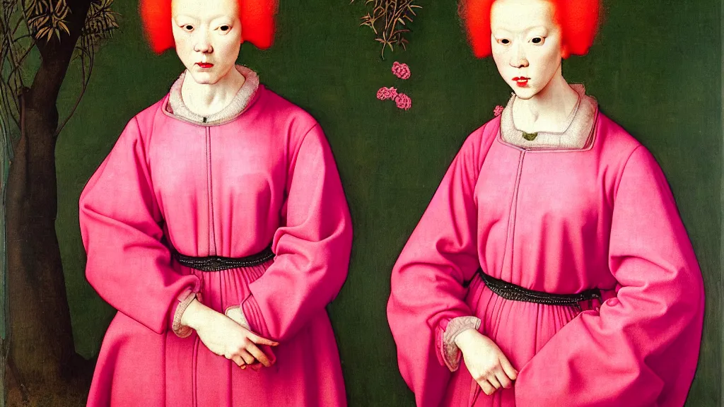 Prompt: full length portrait of a woman with red hair and big hair curlers, wearing a neon pink baggy pajamas, standing in a botanical garden, intricate details, highly detailed, in the style of rogier van der weyden and jacopo da pontormo, punk, masterpiece, asian art