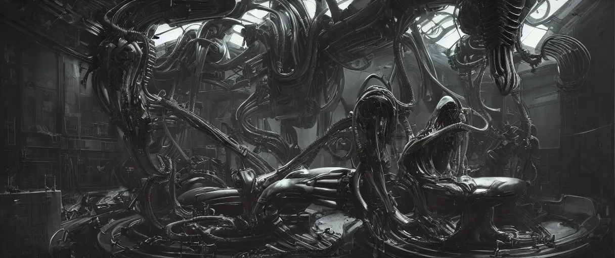 Image similar to duotone noir hyperreal concept illustration of black xenomorph alien machinery engineer sitting in chair by hr giger. cosmic horror atmosphere. accidental renaissance composition. cinematic volumentric lighting. by sachin teng and sergey kolesov and ruan jia and heng z. graffiti art, scifi, fantasy, hyper detailed. octane render. trending on artstation