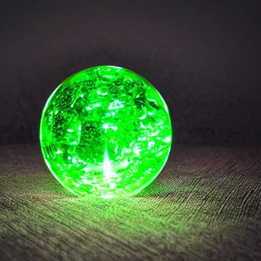 Prompt: glowing green emerald crystal ball, in the pitch black