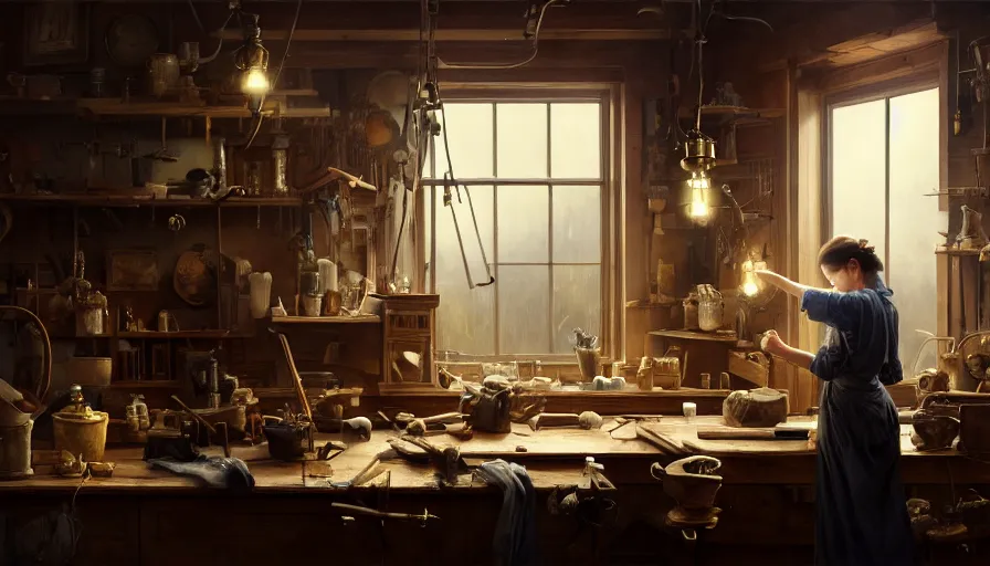 Prompt: highly detailed oil painting | very intricate | cinematic lighting | award - winning | craftsman | building a piece of furniture in their well organized clean workshop | beautiful cinematic light, american romanticism, by huang guangjian, gil elvgren, ruan jia, randy vargas, greg rutkowski, artstation, cgsociety, official art, octane