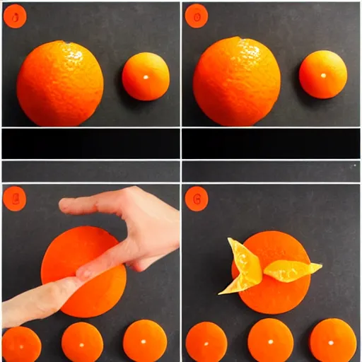 Image similar to making of an edible giraffe from an orange in 4 steps, each step is a progression from the last, starting from a whole orange, the beautiful'how to make food art step by step collection ', dslr