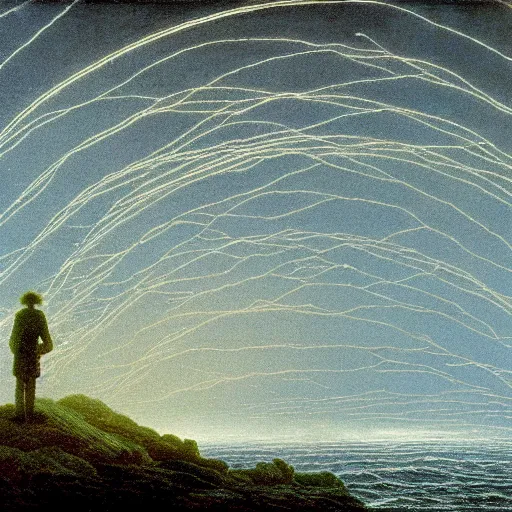 Prompt: small male with long curly hair figure in epic foggy deep sea, expansive view, dozens of thin glowing straight lines extend from ground into the sky, by Caspar David friedrich