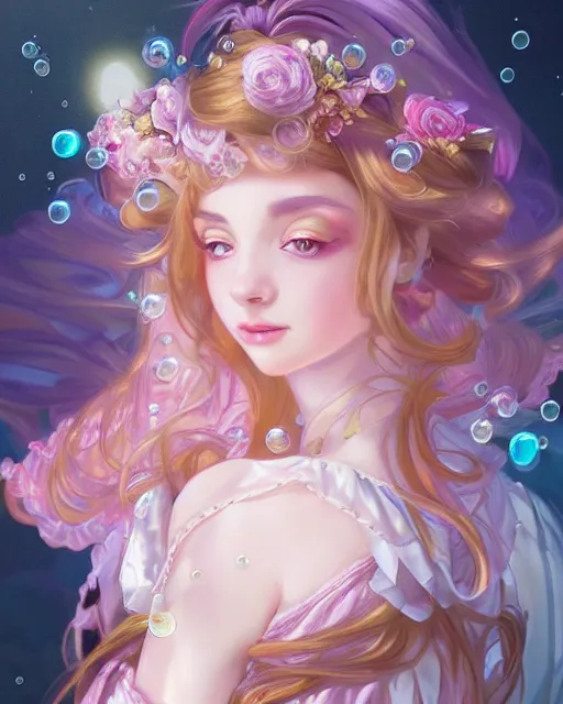 Image similar to portrait of magical lolita girl, dreamy and ethereal, expressive pose, big gold eyes, exciting expression, fantasy, intricate, elegant, many rainbow bubbles, rose tones, highly detailed, digital painting, artstation, concept art, cyberpunk wearing, smooth, sharp focus, illustration, art by artgerm and greg rutkowskiand alphonse mucha