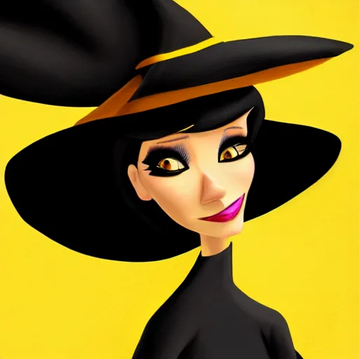 Image similar to portrait of a beautiful female witch in black and golden dress , digital painting , digital art , pixar style , Disney , cute , trending on artstation