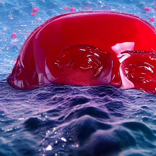 Prompt: a sculpture made out red jelly in the sea of a giant benjamin netanyahu head, long shot, hyper detailed, hyper realistic, ray tracing, 8 k resolution, sharp focus, realistic water, award winning