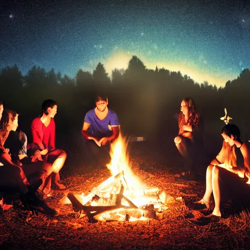 Image similar to sad people gathered around a camp fire at night, dark background, digital art