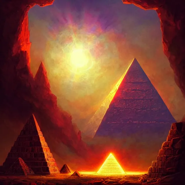 Image similar to the illuminati eye opening up from an orb above a pyramid, a fantasy magical landscape seen in the distance, atmospheric lighting, intricate, volumetric lighting, beautiful, sharp focus, ultra detailed, in the art style of marc simonetti, bowater charlie and brom gerald, astrophotography