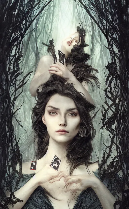 Prompt: playing card of the three fates, dark and ethereal, wild hairs, expressive poses, dark dress, fantasy, intricate, dark forest background, highly detailed, digital painting, artstation, concept art, smooth, sharp focus, illustration, art by artgerm and greg rutkowski, artgerm and alphonse mucha