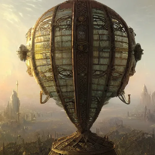 Image similar to enormous flying city in a faberge egg, sky, steampunk, fantasy art, masterpiece, hugh ferriss, unreal engine, andreas achenbach cloudy background, latticework