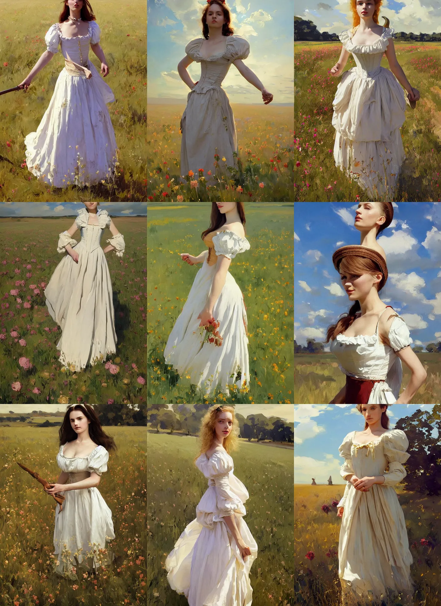 Prompt: attractive belarusian ukrainian polish model wearing 1 7 th century bodice walking in the field in a sunny day, jodhpurs greg manchess painting by sargent and leyendecker, studio ghibli, fantasy, medium shot, asymmetrical, intricate, elegant, matte painting, illustration, hearthstone, by greg rutkowski, by greg tocchini, by james gilleard