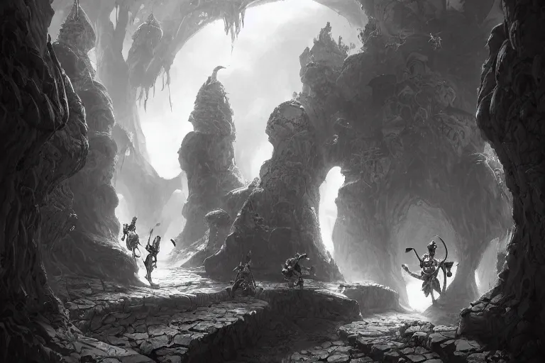 Prompt: black and white point perspective dungeon cozy fantasy dungeon The human defenestrator Katherine and their gelatinous group of goblins are hiding in the flourishing cave.,by artgerm and Craig Mullins, James Jean, Andrey Ryabovichev, Mark Simonetti and Peter Morbacher 16k