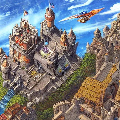 Image similar to Detailed digital illustration close up view on medieval castle fly in the sky Akira Toriyama and Blizzard Concept Artists