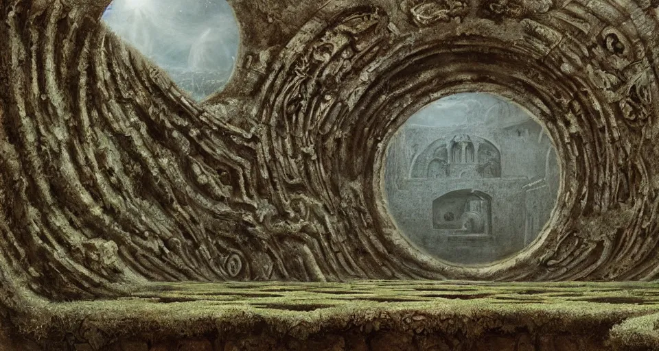 Prompt: ancient greek overgrown labyrinthwith with an gigantic ancient altar in the center, by beksinski, rutkovski, bosch, retro fantasy movie, highly detailed, photorealistic, illustration, matte painting, 8 k