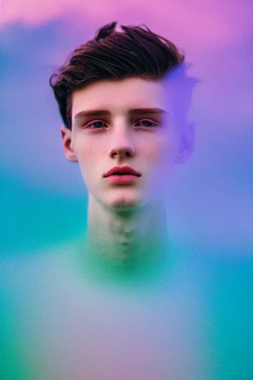 Image similar to high quality pastel coloured film mid angle docu photograph of a beautiful young 2 0 year old male, soft features, short black hair, resting in an icelandic black rock environment. atmospheric. three point light. photographic. art directed. ( pastel colours ). volumetric light. clearcoat. waves glitch. 8 k. filmic.