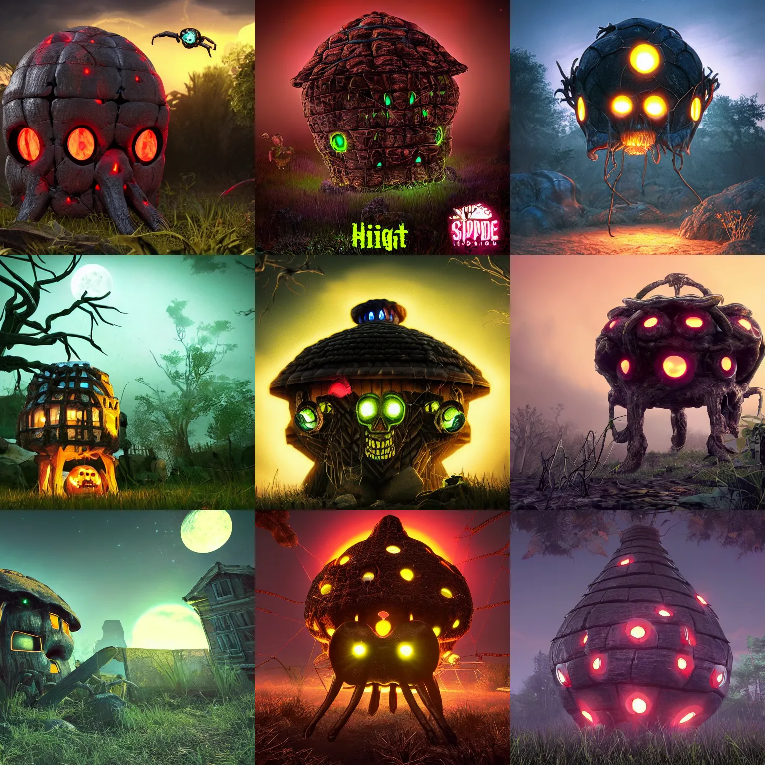 Prompt: giant skull spider house with bright glowing eyes at dusk, pc boxart