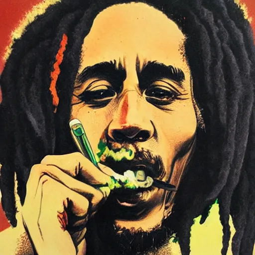 Prompt: Bob Marley smoking portrait, very detailed, large white border, hd, high resolution print :1 Red, Gold and Green Tones by Sachin Teng, trending on deviant art :1