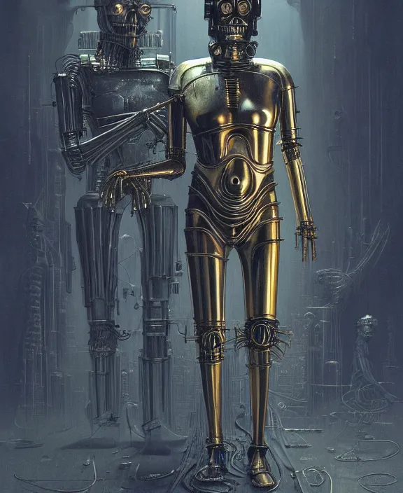 Image similar to demonic c - 3 po, by hr giger and beksinski and stephan martiniere, trending on artstation, 4 k resolution, detailed, high quality, hq artwork