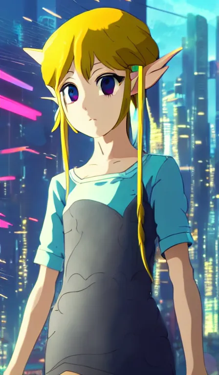Image similar to anime fine details portrait of Zelda in front of cyberpunk moder city landscape on the background deep bokeh, close-up view, anime masterpiece by Studio Ghibli. 8k, sharp high quality anime, artstation