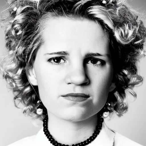 Prompt: symmetrical human portrait of lisa simpson with pearl necklace and with blonde curly hair, grainy high contrast black and white photography photo print ilford warm tone