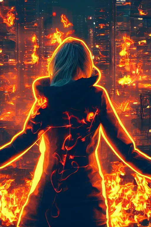 Image similar to young blonde woman from behind with flames dancing on her hands with a long jacket in a cyberpunk city, realistic, high definition, 4K, shimmering color, epic digital art