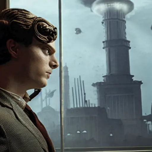 Image similar to screen capture from a live - action bioshock movie. andrew ryan, played by evan peters, is shown standing in an turn of the century style office front of an immense window looking out into the underwater city of rapture. the lights of the city are shining in the distance and an abundance of sea life is shown.