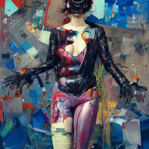 Image similar to grinning woman in a vr headset wearing leather outfit, dynamic energic pose, cyberpunk in the style of adrian ghenie, esao andrews, jenny saville, surrealism, dark art by james jean, takato yamamoto