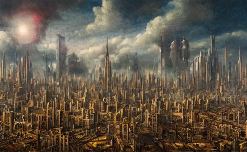 Image similar to a Dystopian gothic surrealism painting of a cyberpunk megalopolis extending up into the sky